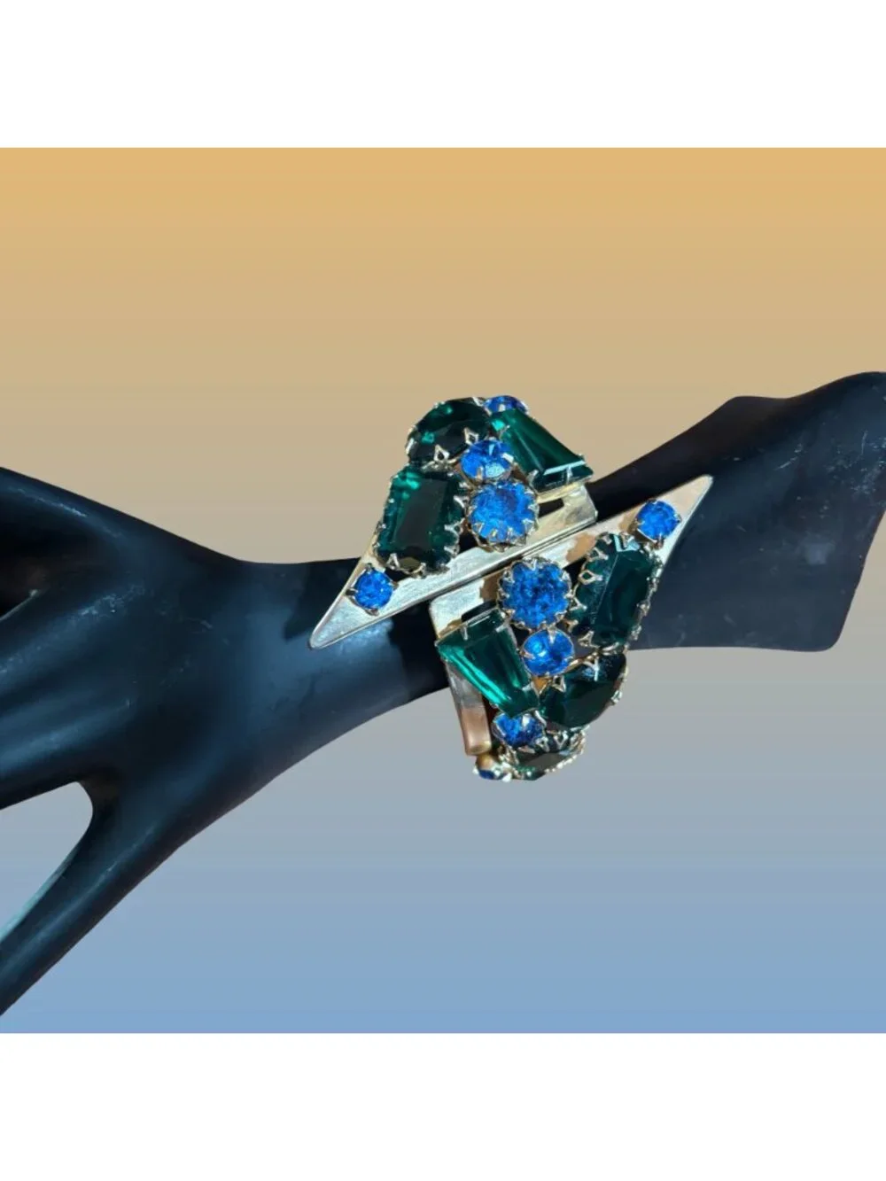 Gold Tone Hinged Bangle Green Blue Rhinestone Art Deco Statement Bracelet Vintag